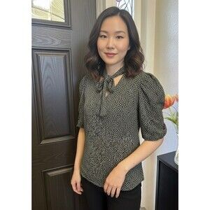 Anthropologie Postmark Tie-Neck Floral Blouse Puff Pleated Sleeve Green Small